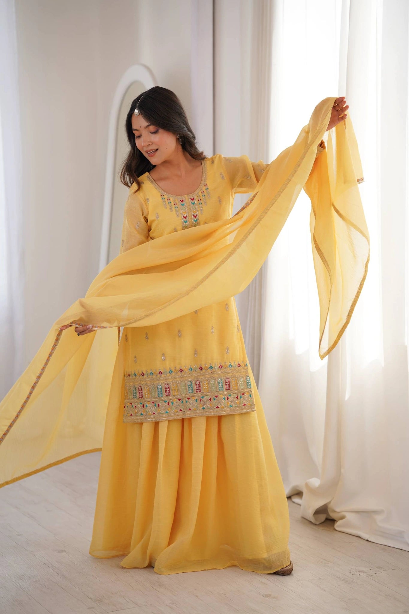 Yellow Sequins Embroidered with Thread & Zari Work Suit with sharara and dupatta, front view